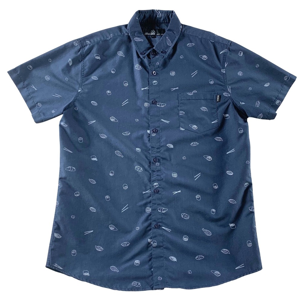 Molokai Large Sushi Print Button Down Short Sleeve Navy Blue Shirt Mens‎